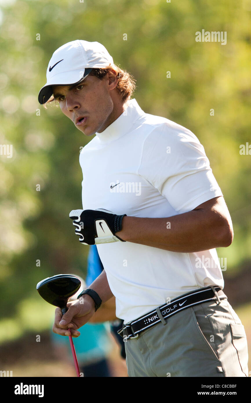 ProAm Golf Tournament - Rafa Nadal characteristic gesticulation applied to golf, after a good ball Stock Photo