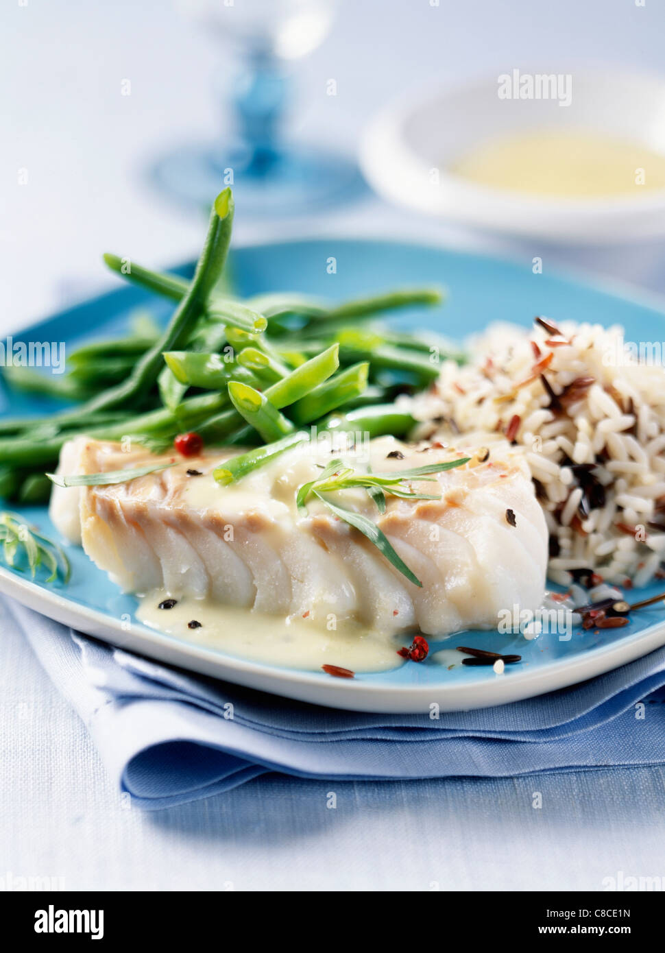 Cod fillet,wild rice and green beans Stock Photo Alamy