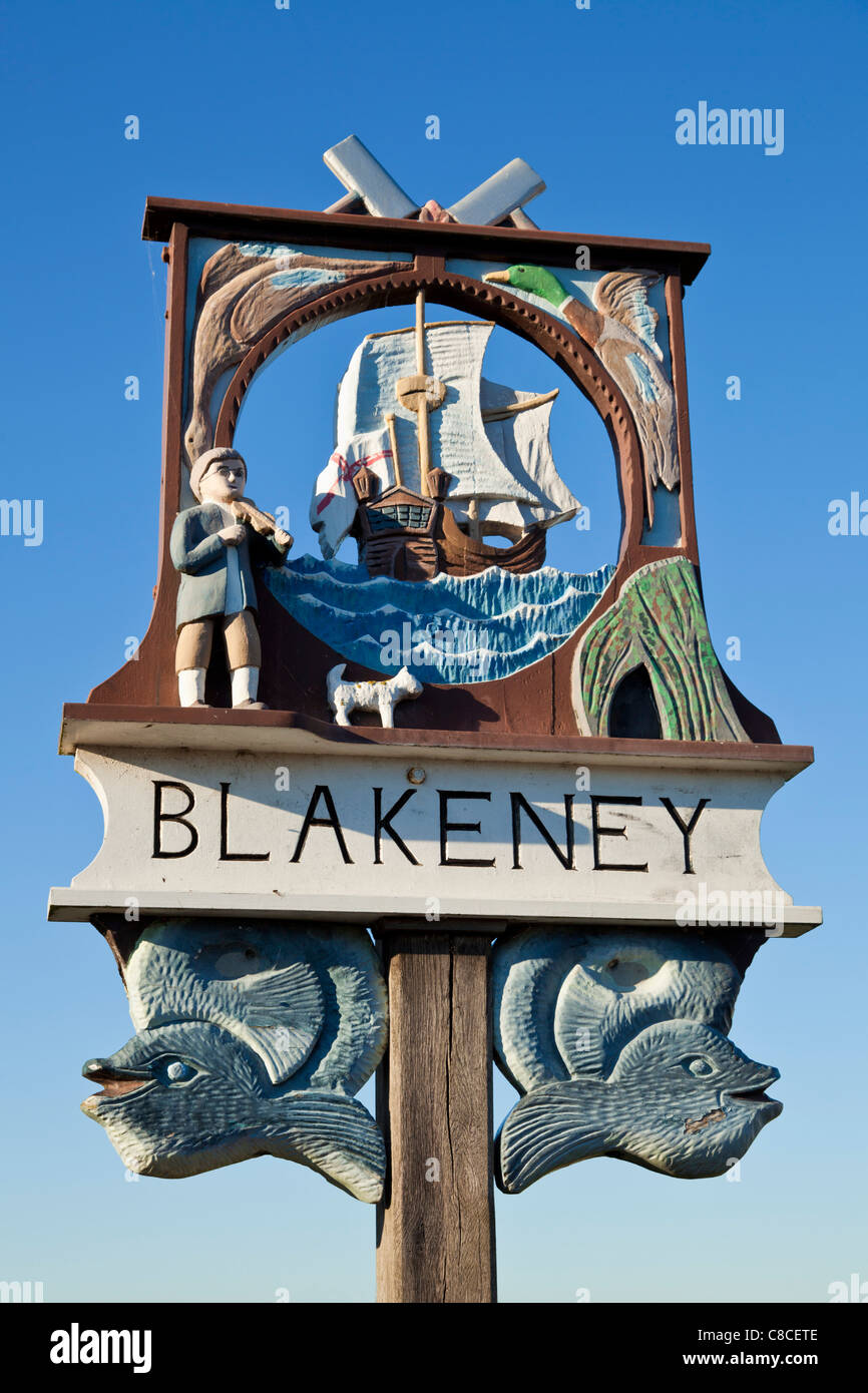 Blakeney village wooden sign Norfolk East Anglia England UK GB EU Europe Stock Photo