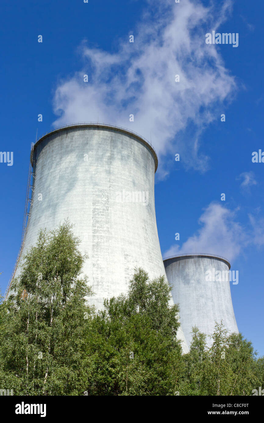 cooling towers under blue sky Stock Photo