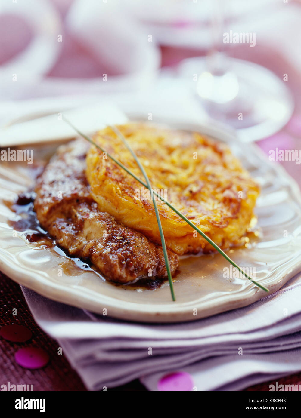 Potato Rôsti on panfried foie gras with spices Stock Photo Alamy