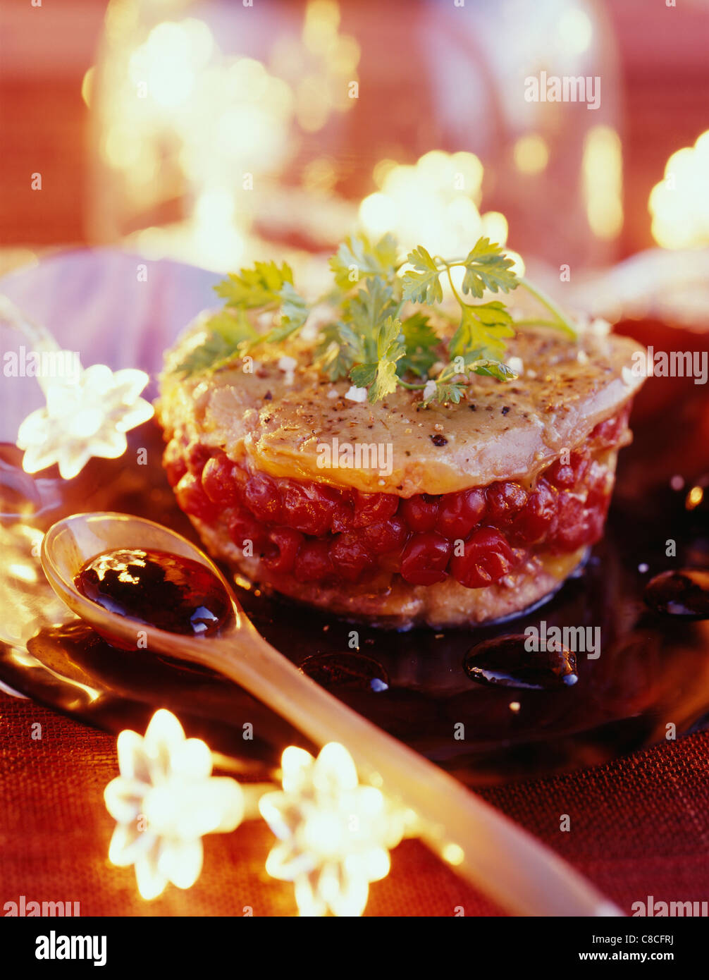 Foie gras and redcurrant Mille-Feuille Stock Photo