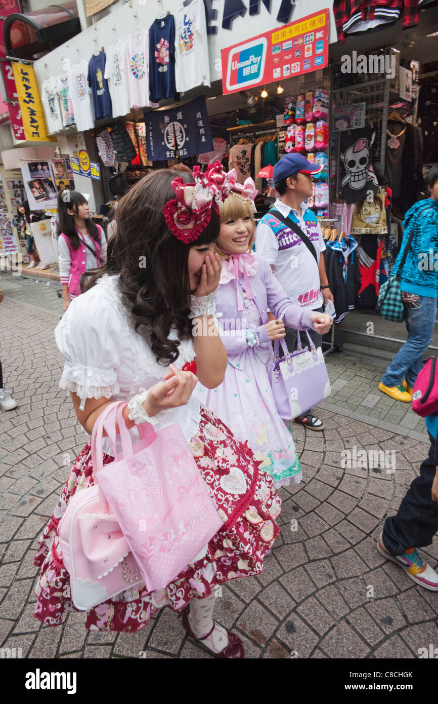 Japan, Tokyo, Harajuku, Takeshita Dori, Girls in Cosplay Costume Stock Photo