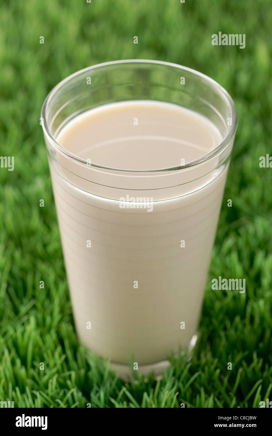 Glass of milk in the grass Stock Photo