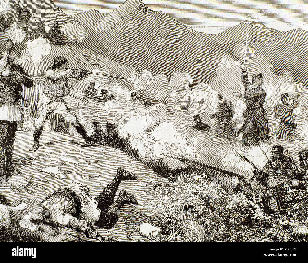 Dalmata-Herzegovina war. Fighting in the mountains of Zagoria, between the insurgents and austrian troops (1882). Engraving. Stock Photo