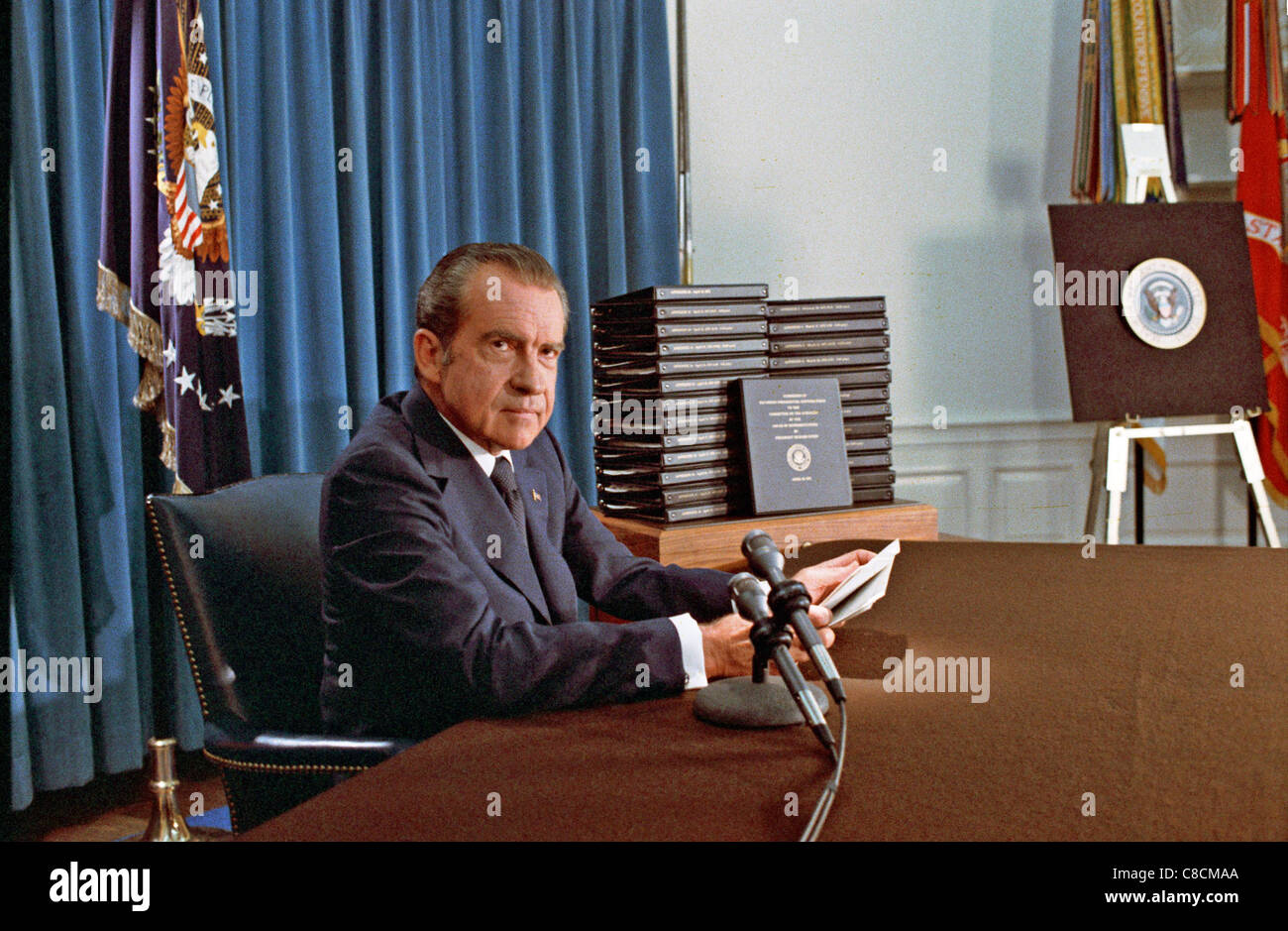 RICHARD NIXON (1913-1994) 37th President of the USA during TV address 29 April 1974  explaining release of Watergate transcripts Stock Photo