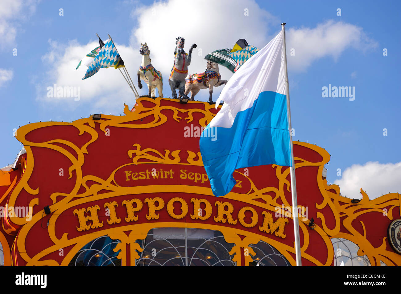 world famous Oktoberfest in Munich, Germany, with entrance to Hippodrom hall Stock Photo