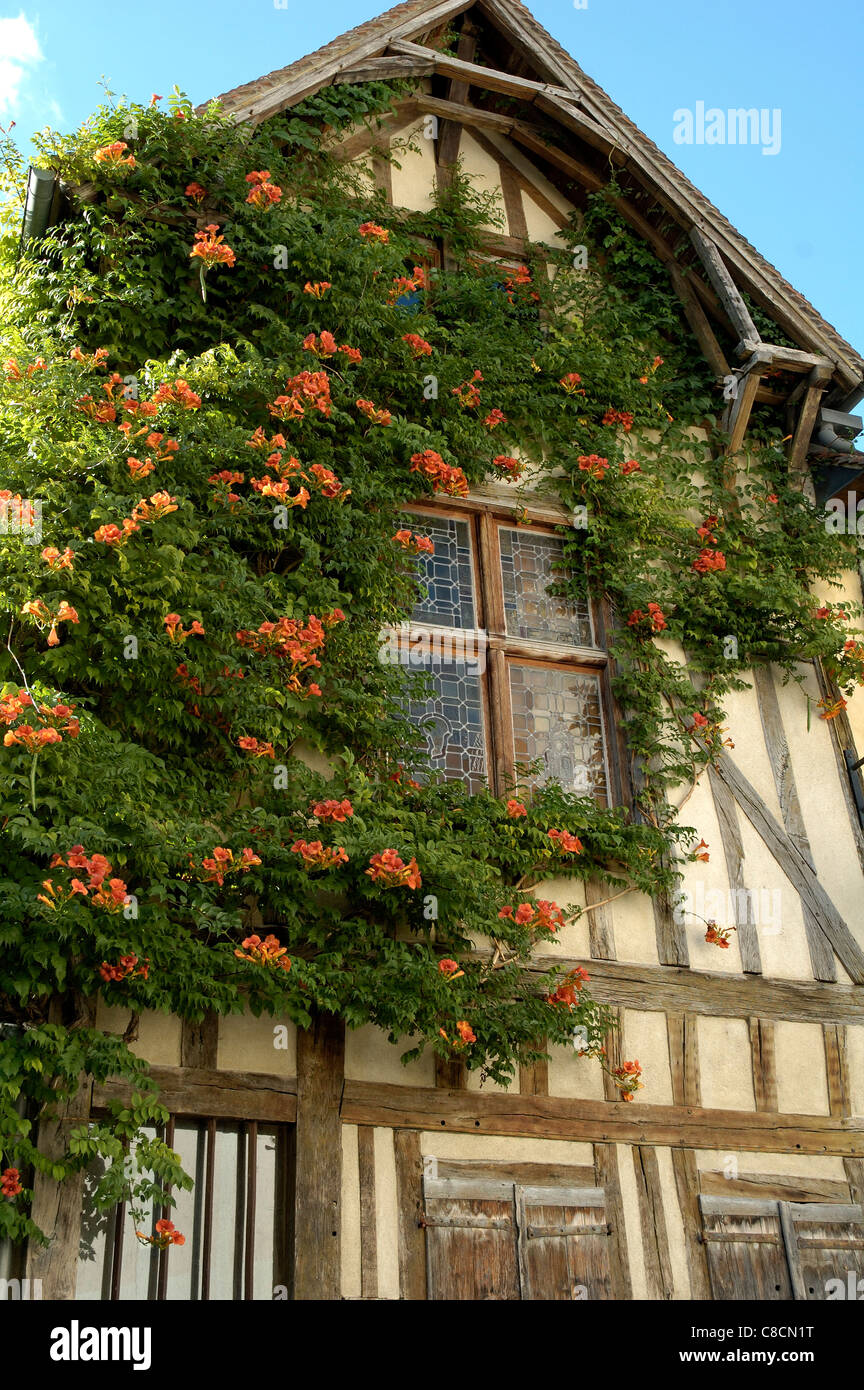 A typical medieval house in Troyes, France - covered in flowers Stock Photo