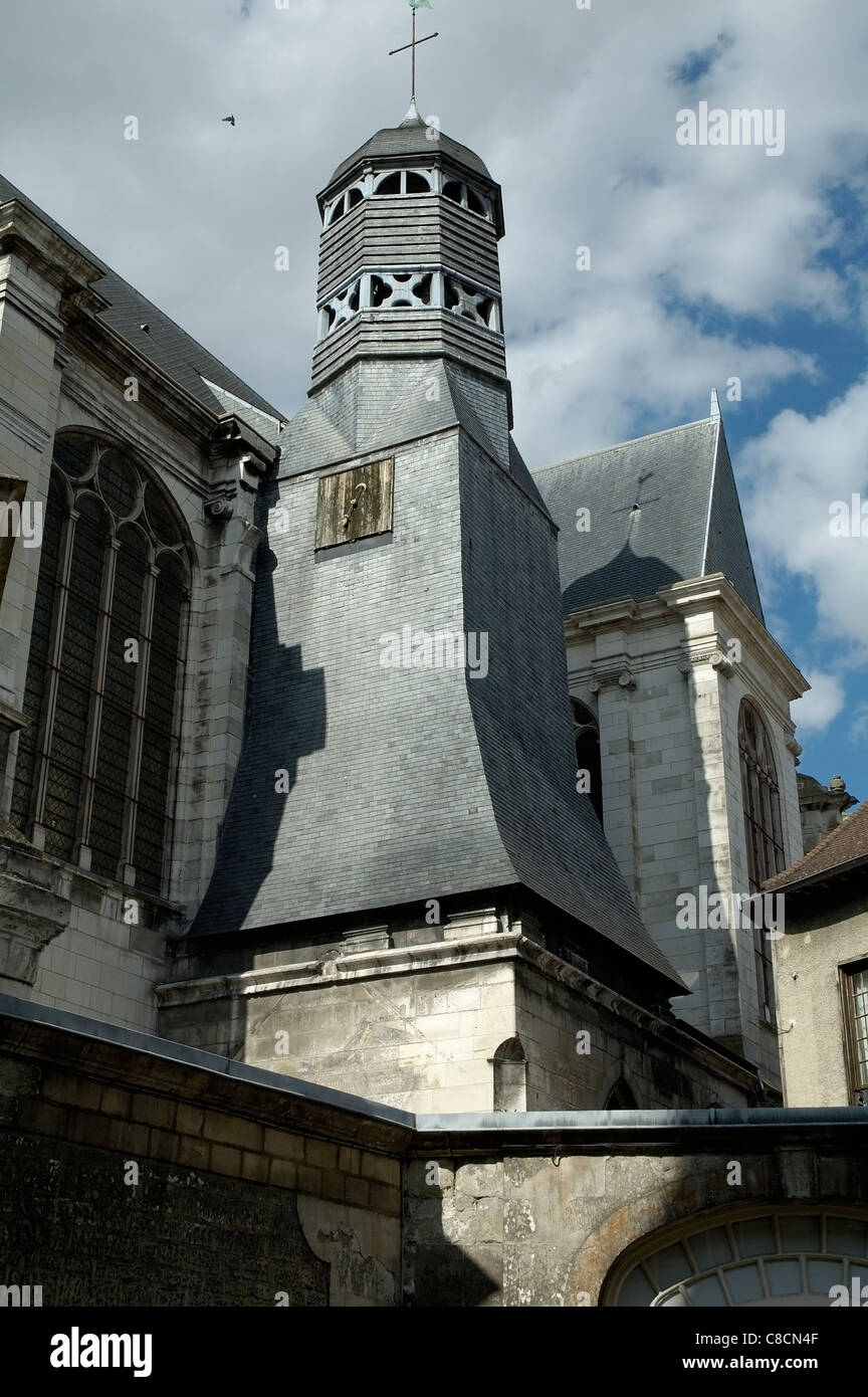 Troyes, France - wooden tower on church in the city of Troyes.  Typical of the building types in this region of France. Stock Photo