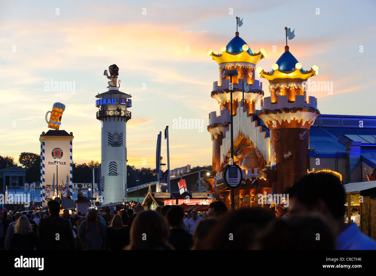 world famous Oktoberfest in Munich, Germany with towers of beer tents Stock Photo
