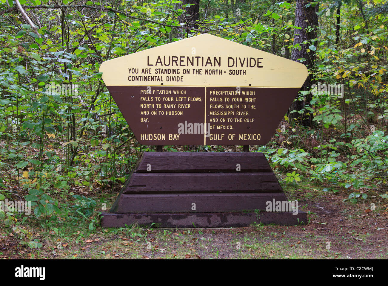 An explanatory sign for the Laurentian Divide in Chippewa National Forest, Minnesota. Stock Photo