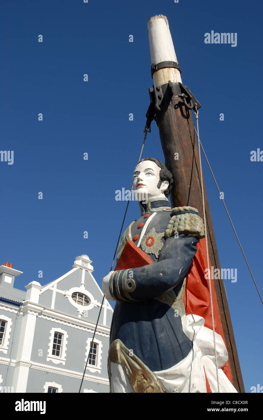 carved figurehead on bow of ship, African Trading Port, V&A Waterfront, Cape Town, Western Cape, South Africa Stock Photo