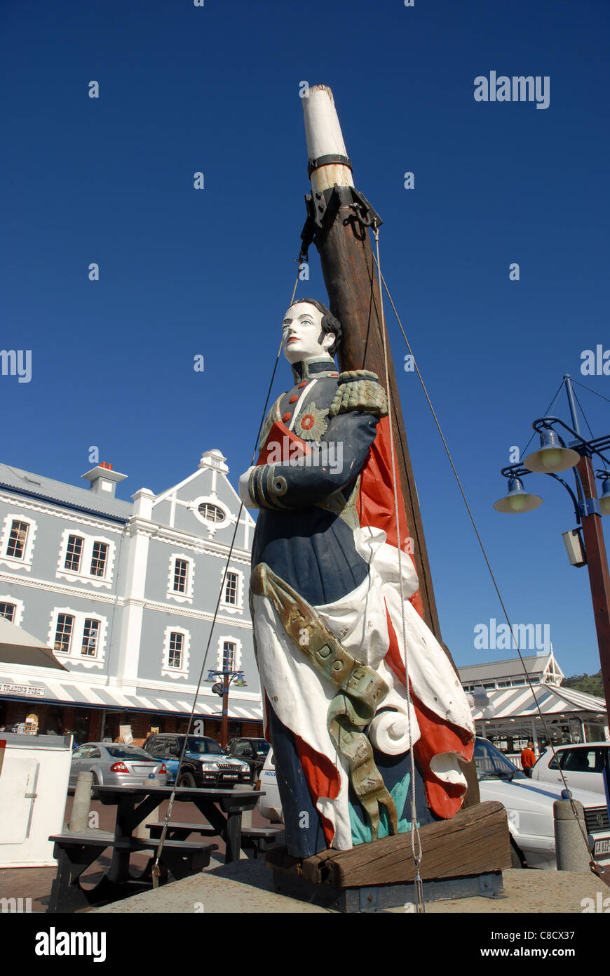 carved figurehead and African Trading Port, V&A Waterfront, Cape Town, Western Cape, South Africa Stock Photo