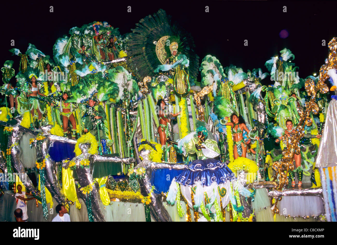Rio de Janeiro, Brazil. Samba school float in green and yellow with