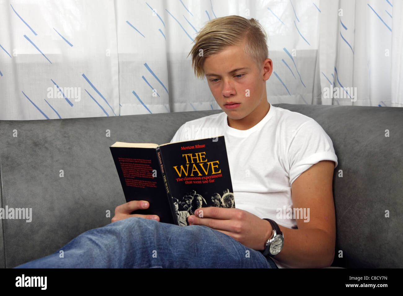 Relaxed Danish teenager reading The Wave by Morton Rhue as part of his homework in English as a foreign language. The Third Wave Stock Photo