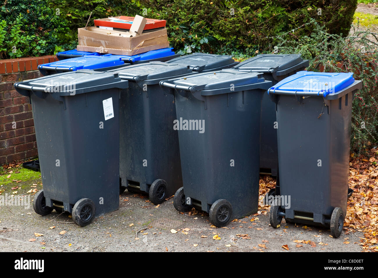 A group of refuse and recycling wheelie bins by the roadside waiting for collection, UK Stock Photo