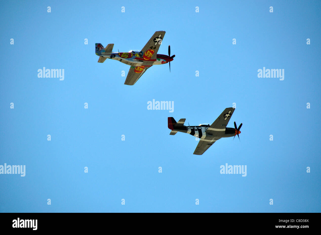 P51-D Mustang fighters flying in formation over Nampa Airport Stock Photo