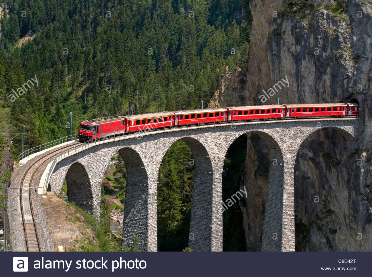 Glacier Express at the Landwasser Viaduct at Swiss Alps, Switzerland ...