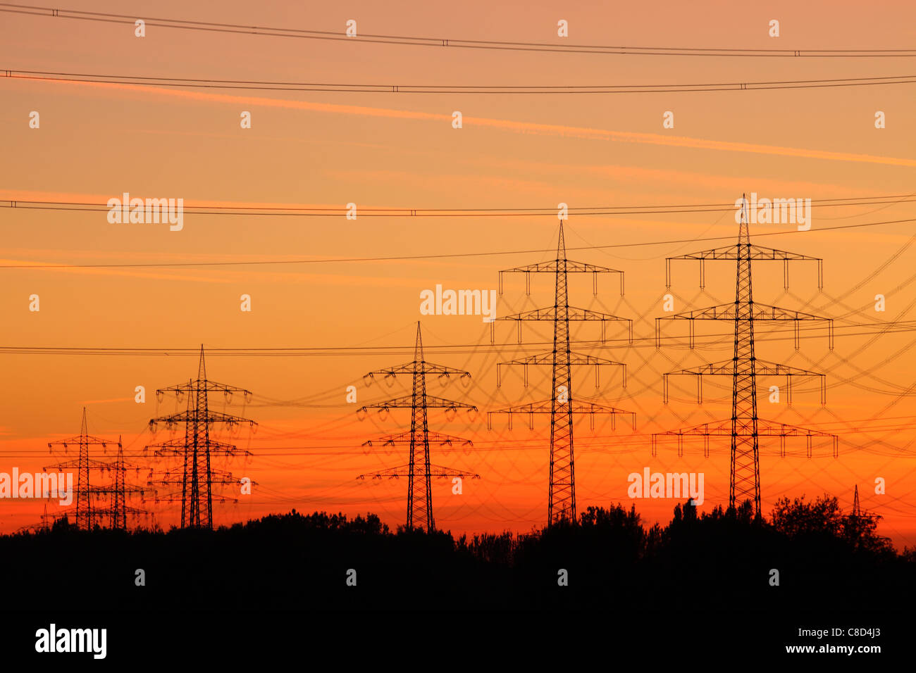 High Voltage Power Lines At Sunset Stock Photo Alamy