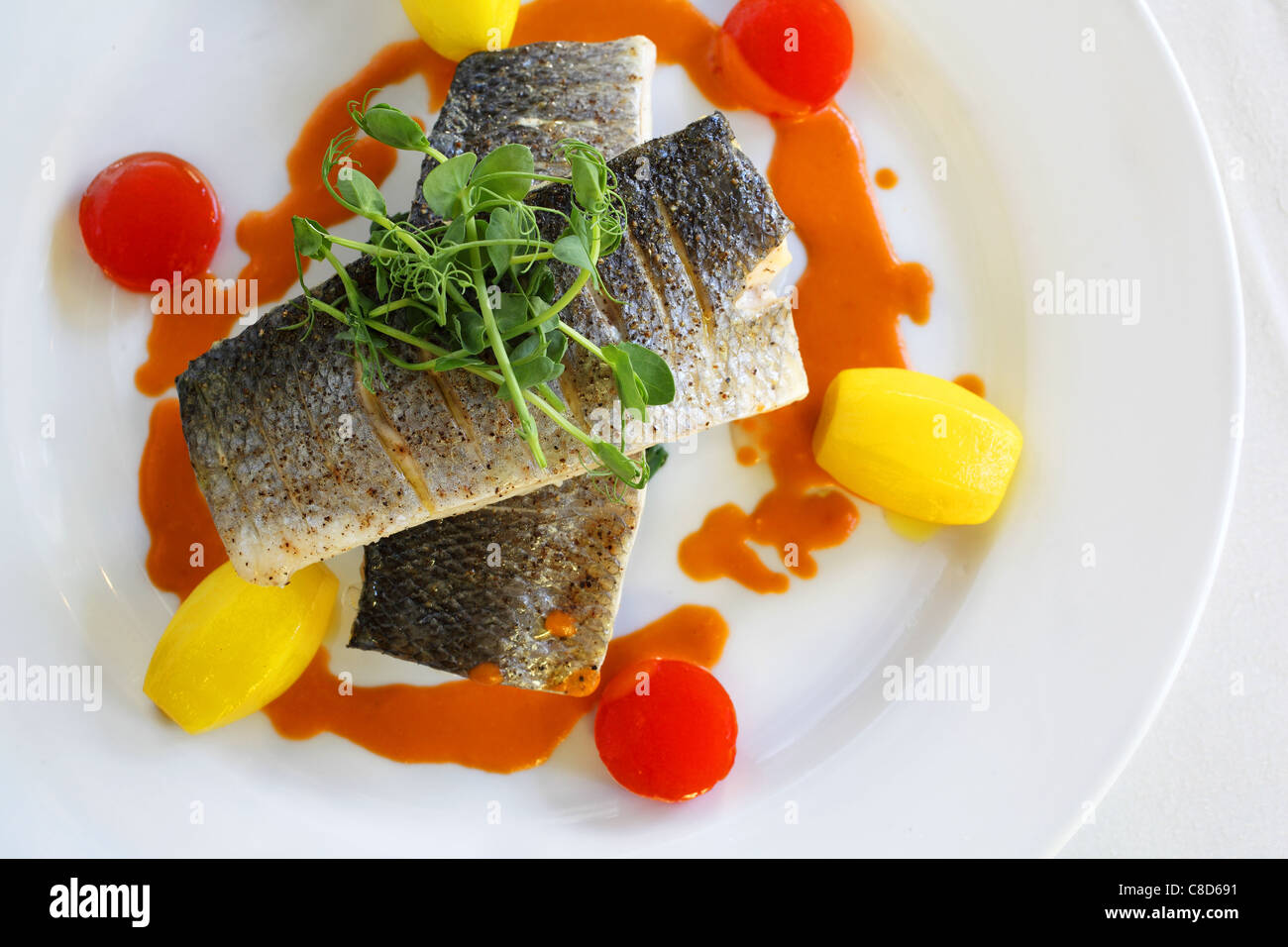 sea bass fish cooked Stock Photo