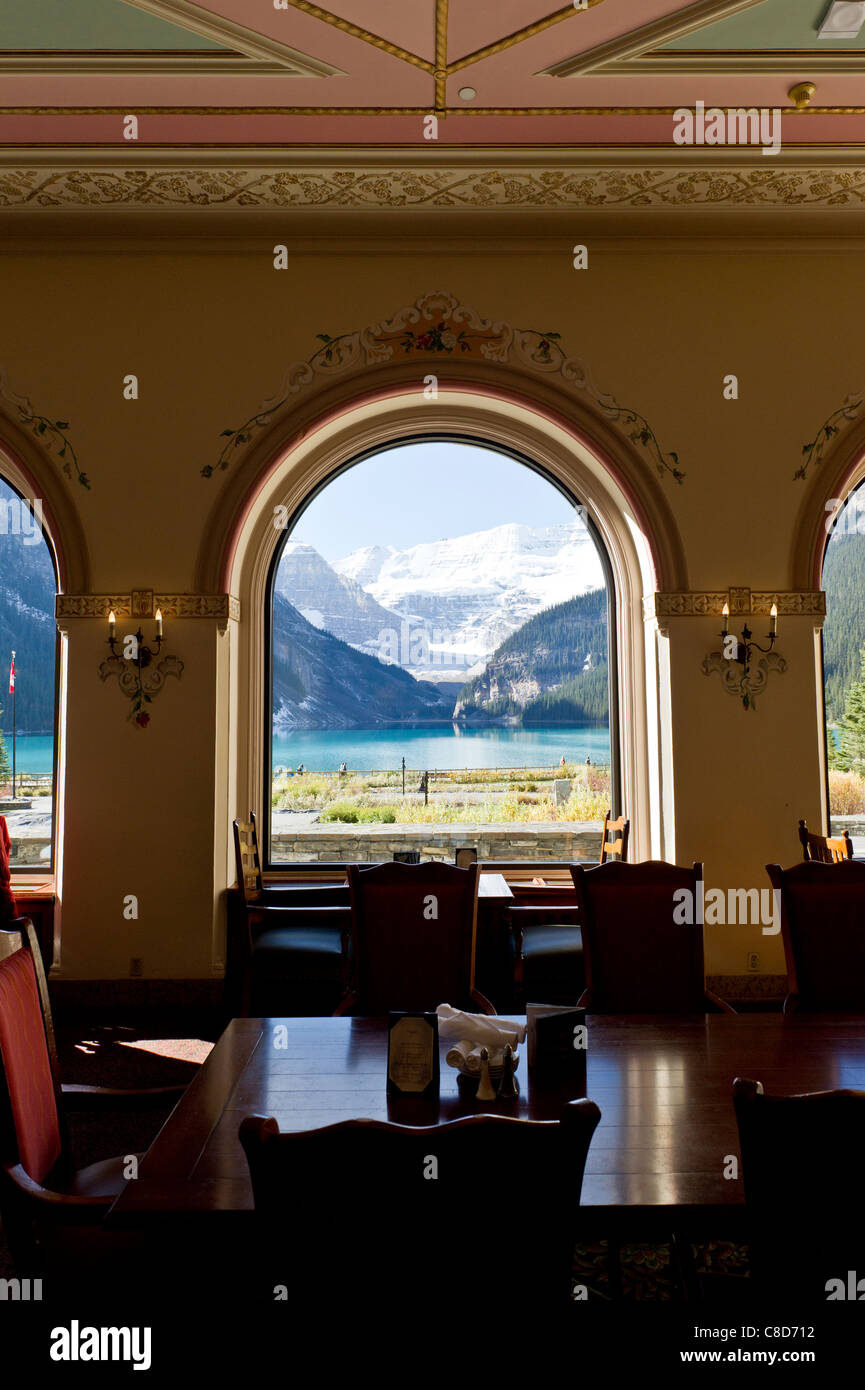 Dining room at the Chateau Lake Louise Hotel. Banff Alberta Canada