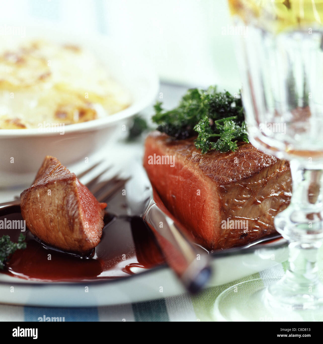 rump steak in red wine Stock Photo Alamy
