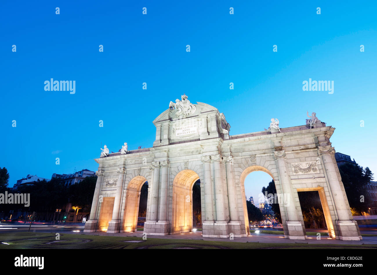 night view of the famous Puerta de Alcala, Madrid, Spain Stock Photo