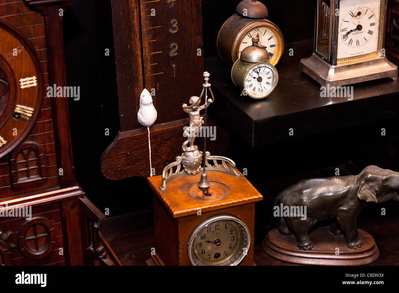Lots of antique wooden clock. Claphams National Clock Museum, Whangarei, New Zealand. Stock Photo