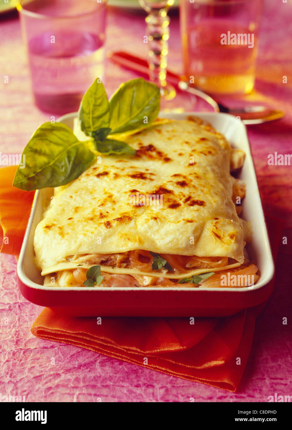 Salmon ,herb,lime and cream lasagnes Stock Photo