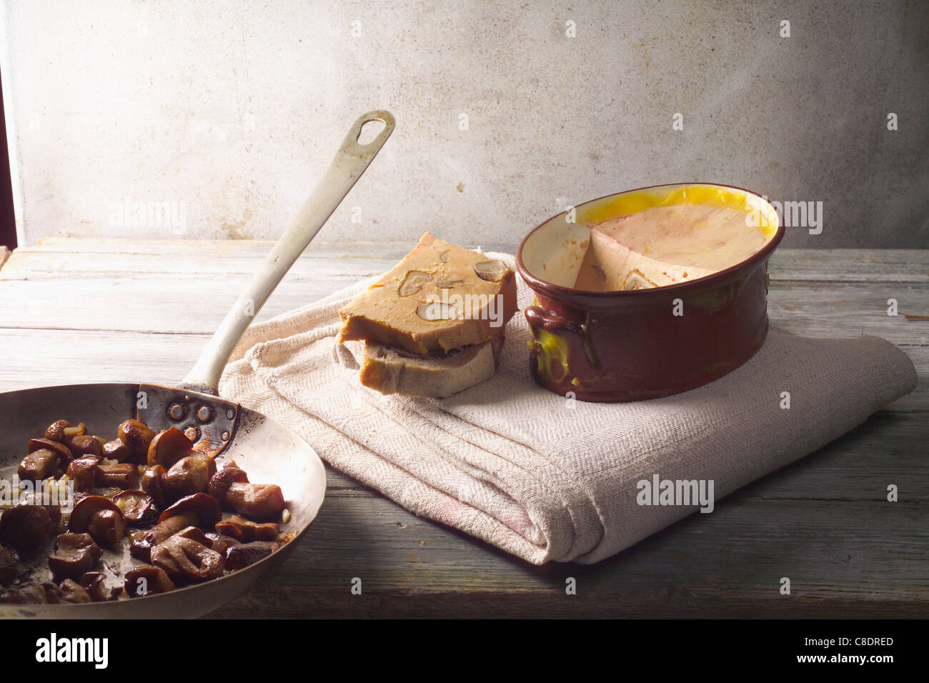 Duck Foie gras ,cep fricassée and vintage Port terrine Stock Photo