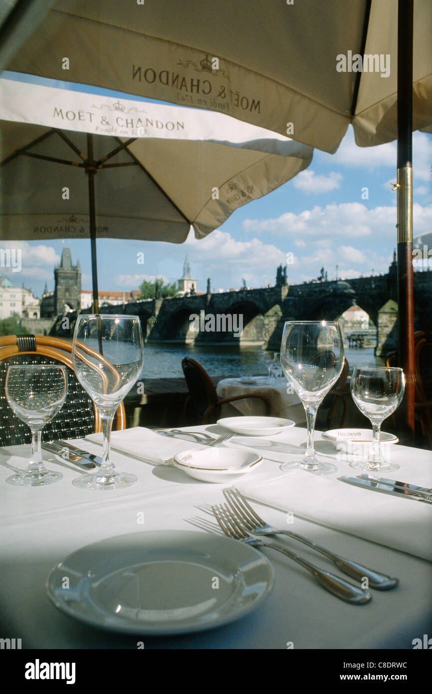 Riverside dining at Kampa Park restaurant Prague, Czech Republic. Stock Photo