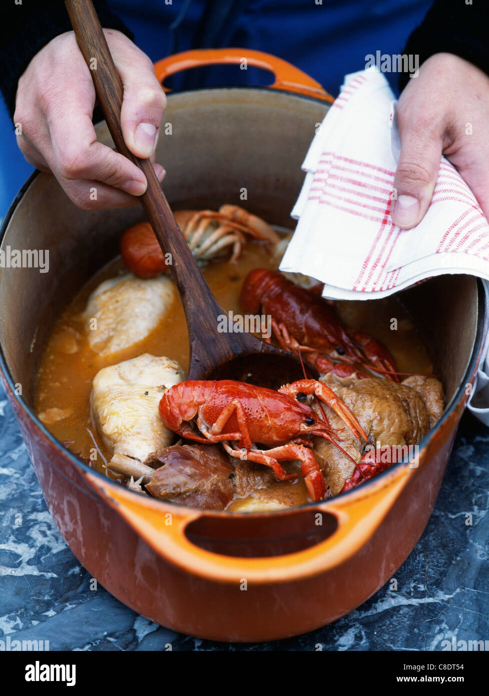 Chicken and crayfish in cream sauce Stock Photo