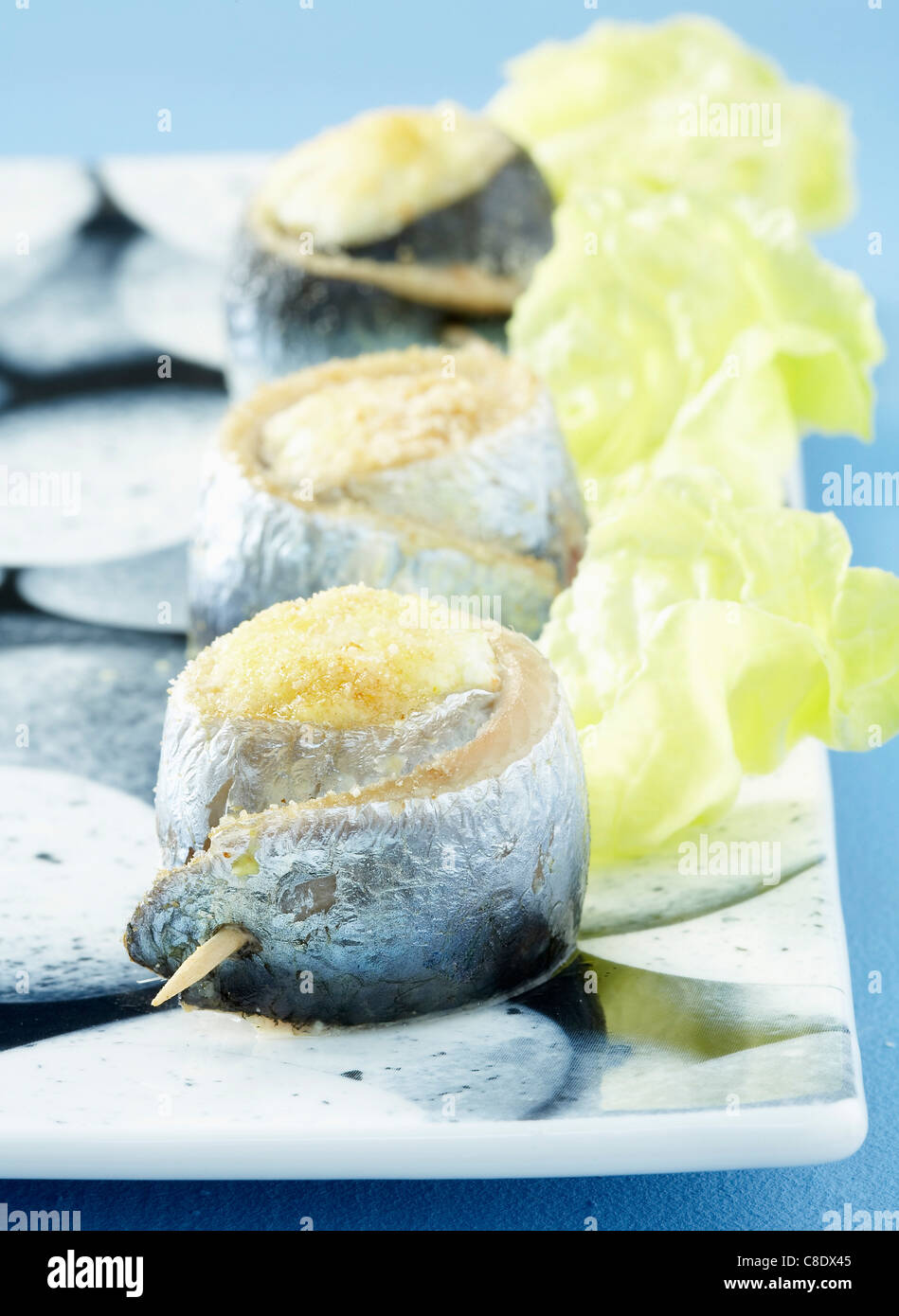 Rolled sardines stuffed with fresh Goat's cheese Stock Photo Alamy