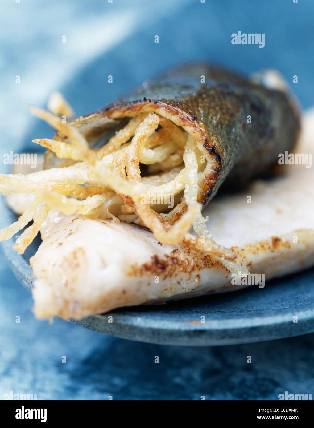 Pan-fried turbot fillet with fried onions Stock Photo