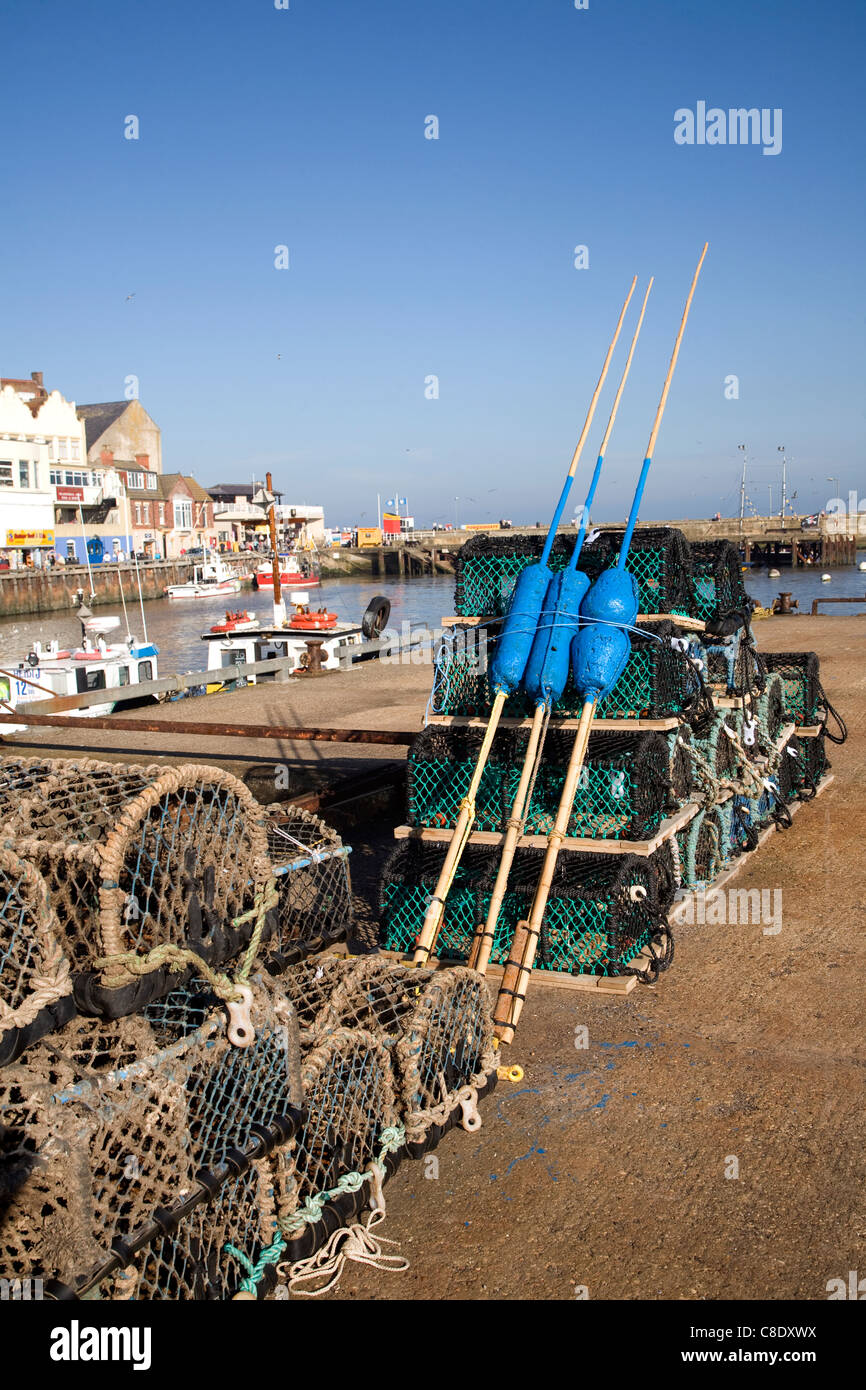 Lobster pots on the quayside Bridlington harbour, Yorkshire, England