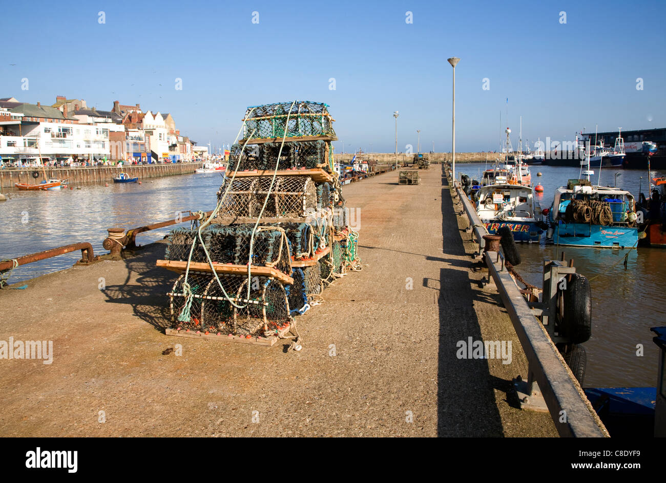 Lobster pots on the quayside Bridlington harbour, Yorkshire, England