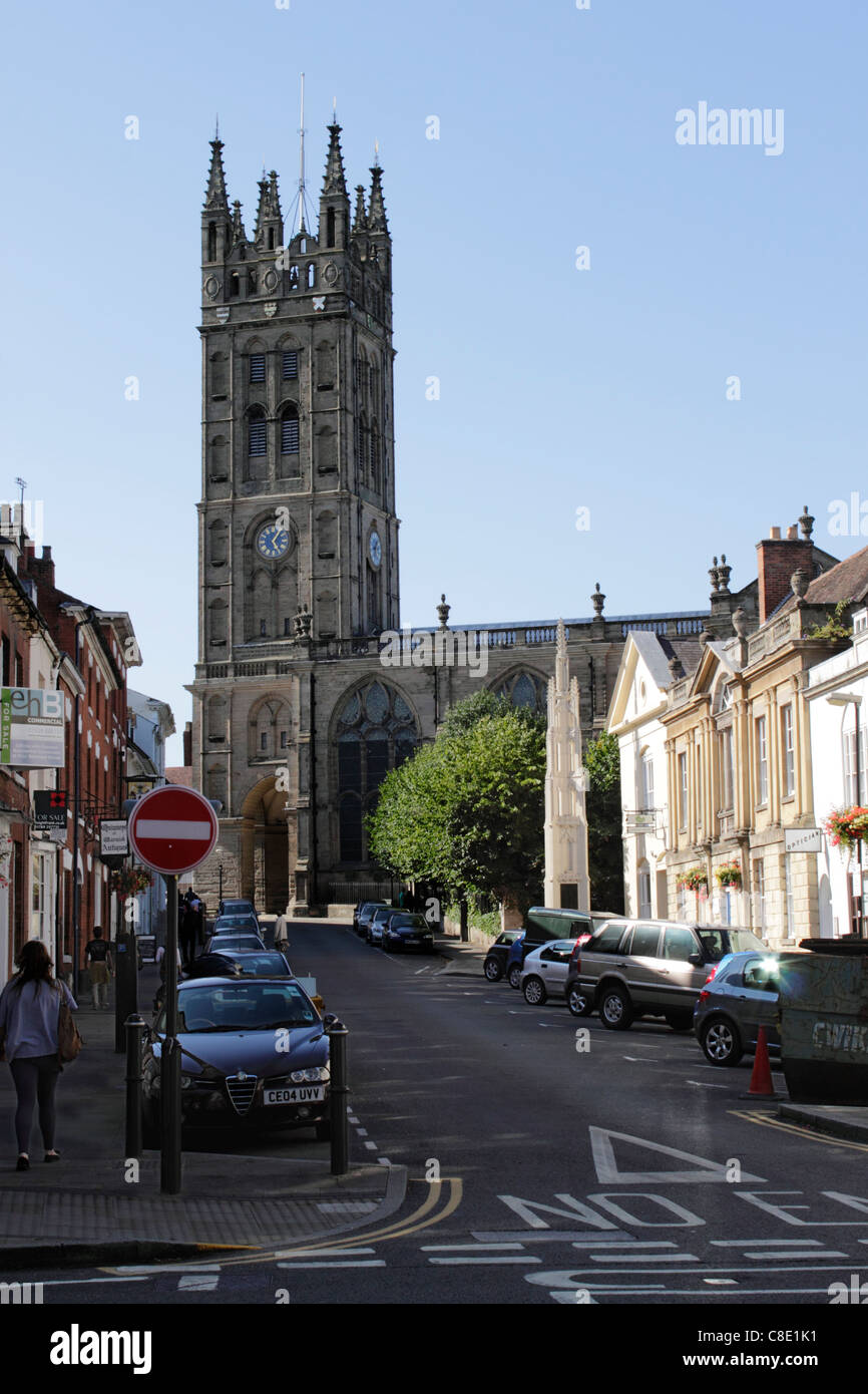Church Street and Tower of St Mary's Church Warwick Stock Photo