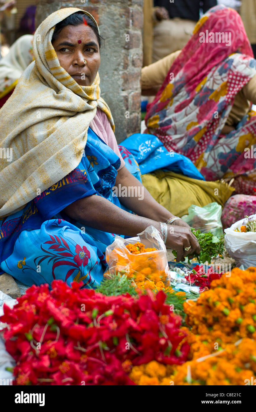 Woman sells flowers and herbs for temple offerings by The Golden Temple in Festival of Shivaratri in holy city Varanasi India Stock Photo