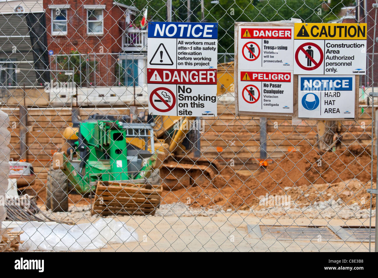 Warning signs at a construction site, Washington DC Stock Photo