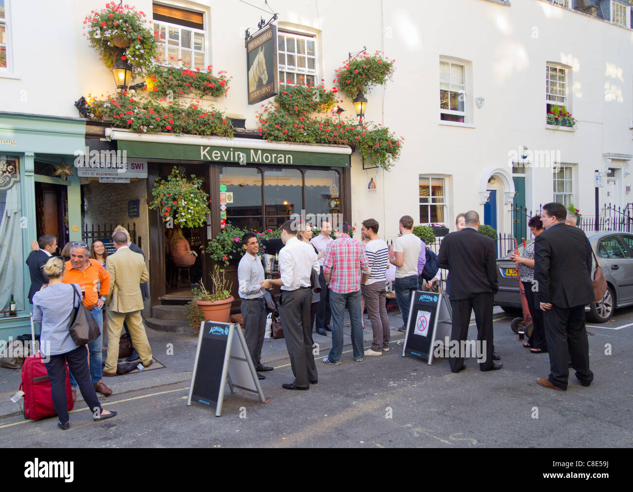Kevin Moran is the name of the landlord, Nags Head is the pub name, Kinnerton Street, Belgravia, London Stock Photo