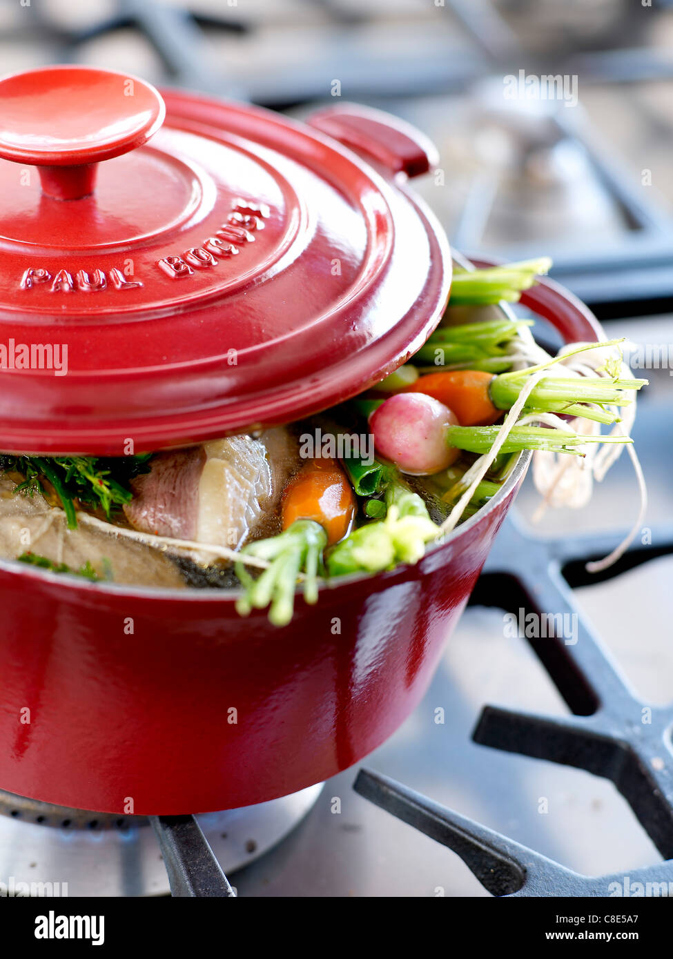 Stringed roast beef with vegetables in a casserole dish Stock Photo