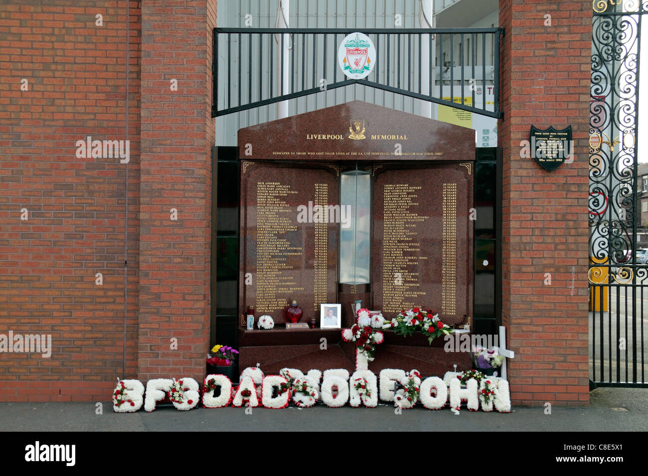 The Hillsborough disaster memorial (beside the Anfield Road gates) at Anfield, Liverpool football club. Stock Photo