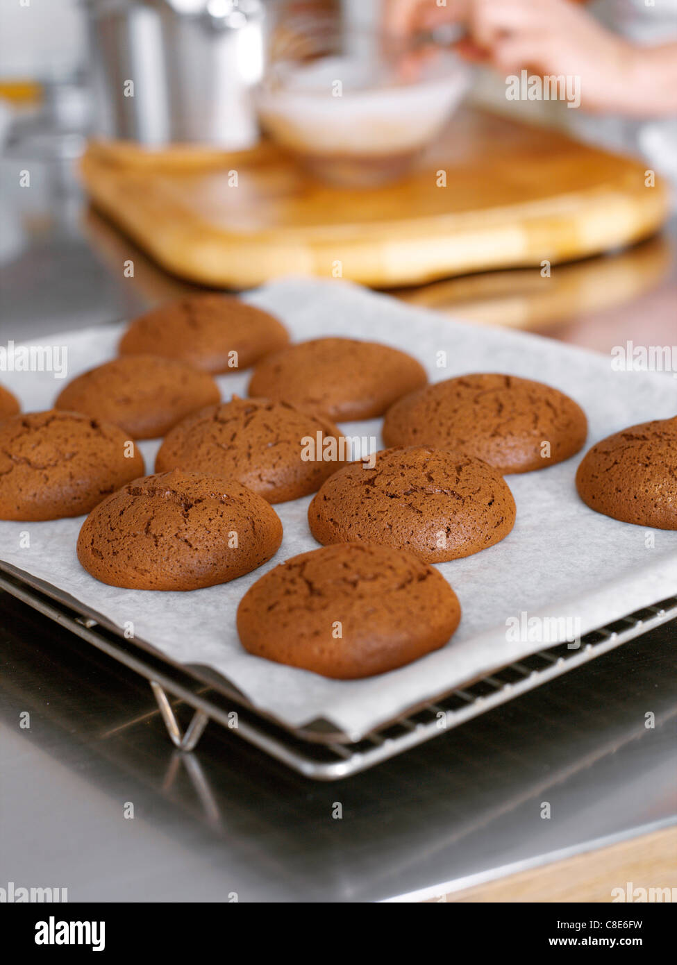 Macaroons on a baking tray Stock Photo