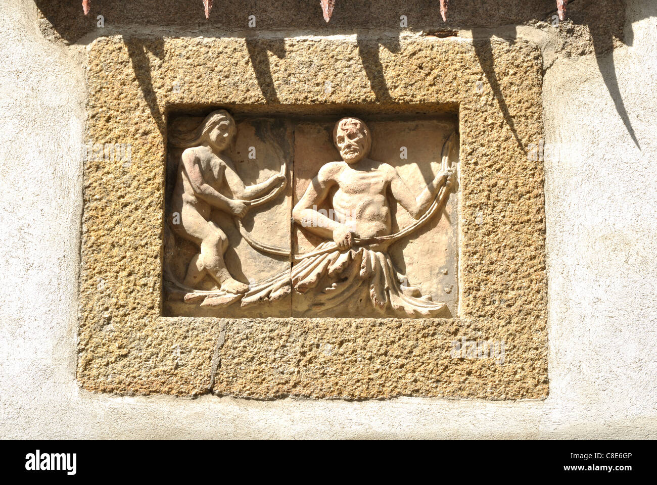 Sculpture in stone on the wall of a home, Haute ville of Granville (Granville, Normandy, France). Stock Photo