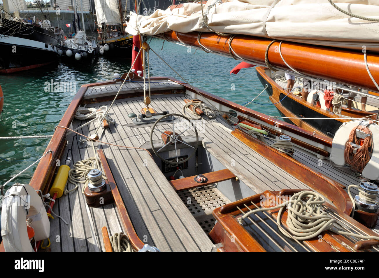 Yseult : pilot cutter,  the deck, home port : Cowes (UK) and St Malo (Brittany, France). During Ulysse challenge in Granville. Stock Photo