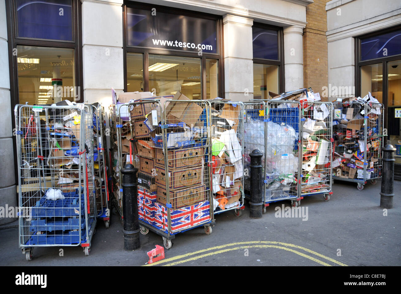 Tesco Metro Store Covent Garden London waste recycling packaging cardboard boxes food packaging retail Stock Photo