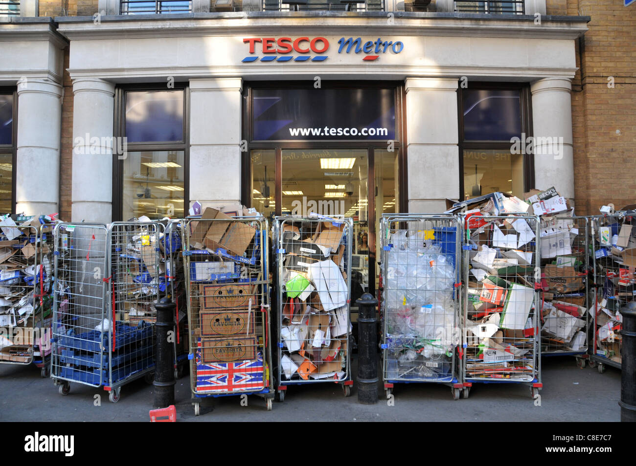 Tesco Metro Store Covent Garden London waste recycling packaging cardboard boxes food packaging retail Stock Photo