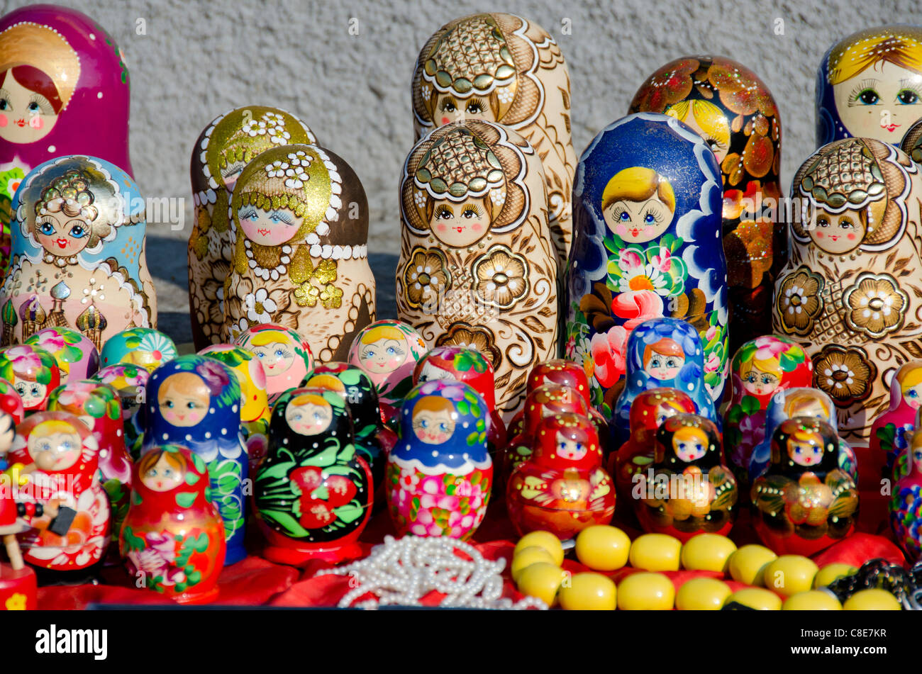 Ukraine, Odessa. Typical Ukrainian / Russian style hand painted nested dolls. Stock Photo