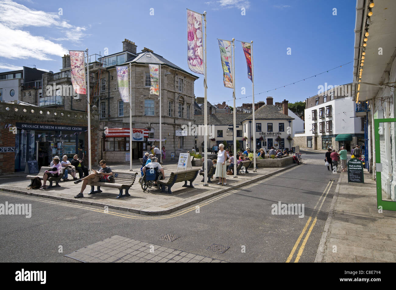 Shops and Cafes on Swanage seafront heading towards the High Street