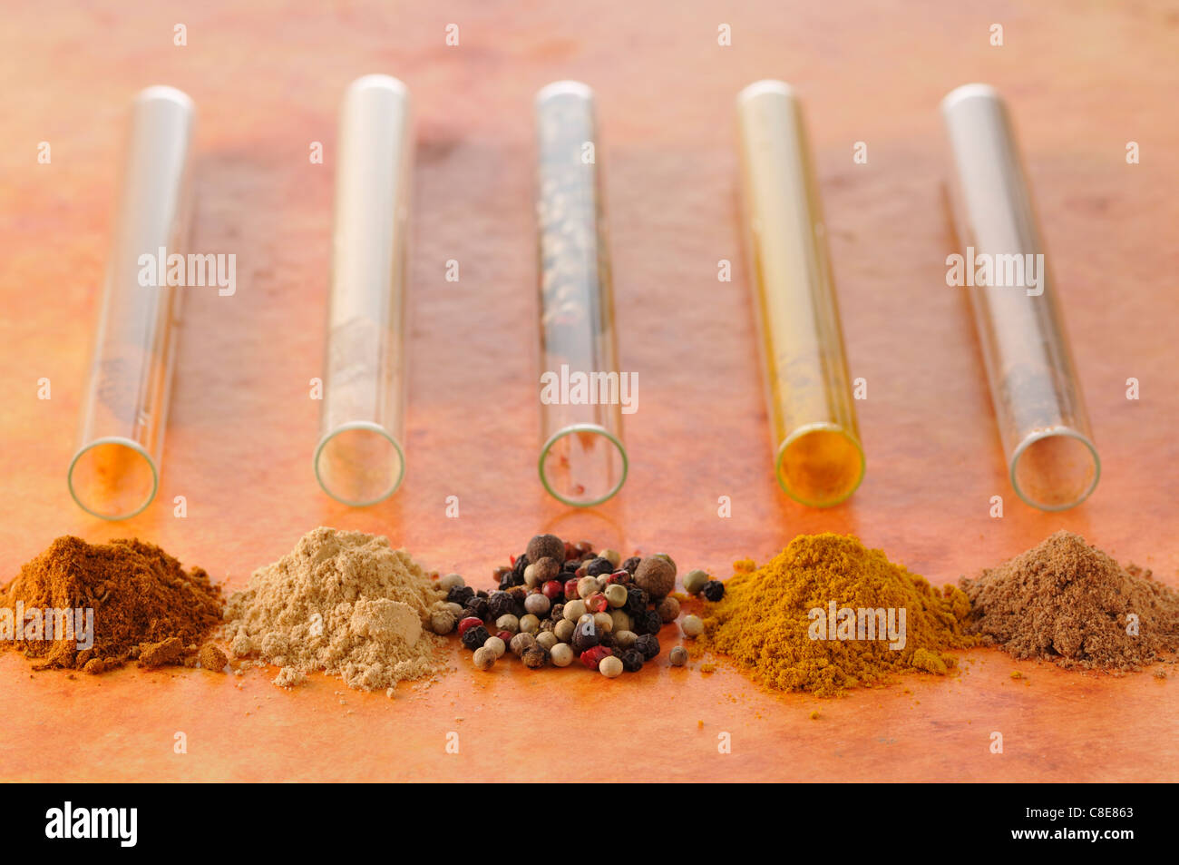 Test tubes and spices Stock Photo